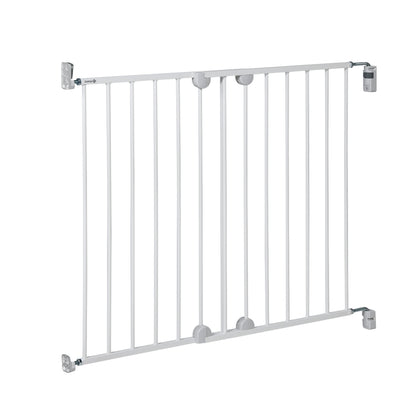 Safety 1st wall mount metal baby gate extends from 62 to 102cm, with one-hand open, easy installation, and white finish.