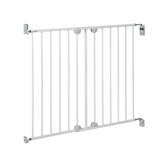 Safety 1st wall mount metal baby gate extends from 62 to 102cm, with one-hand open, easy installation, and white finish.