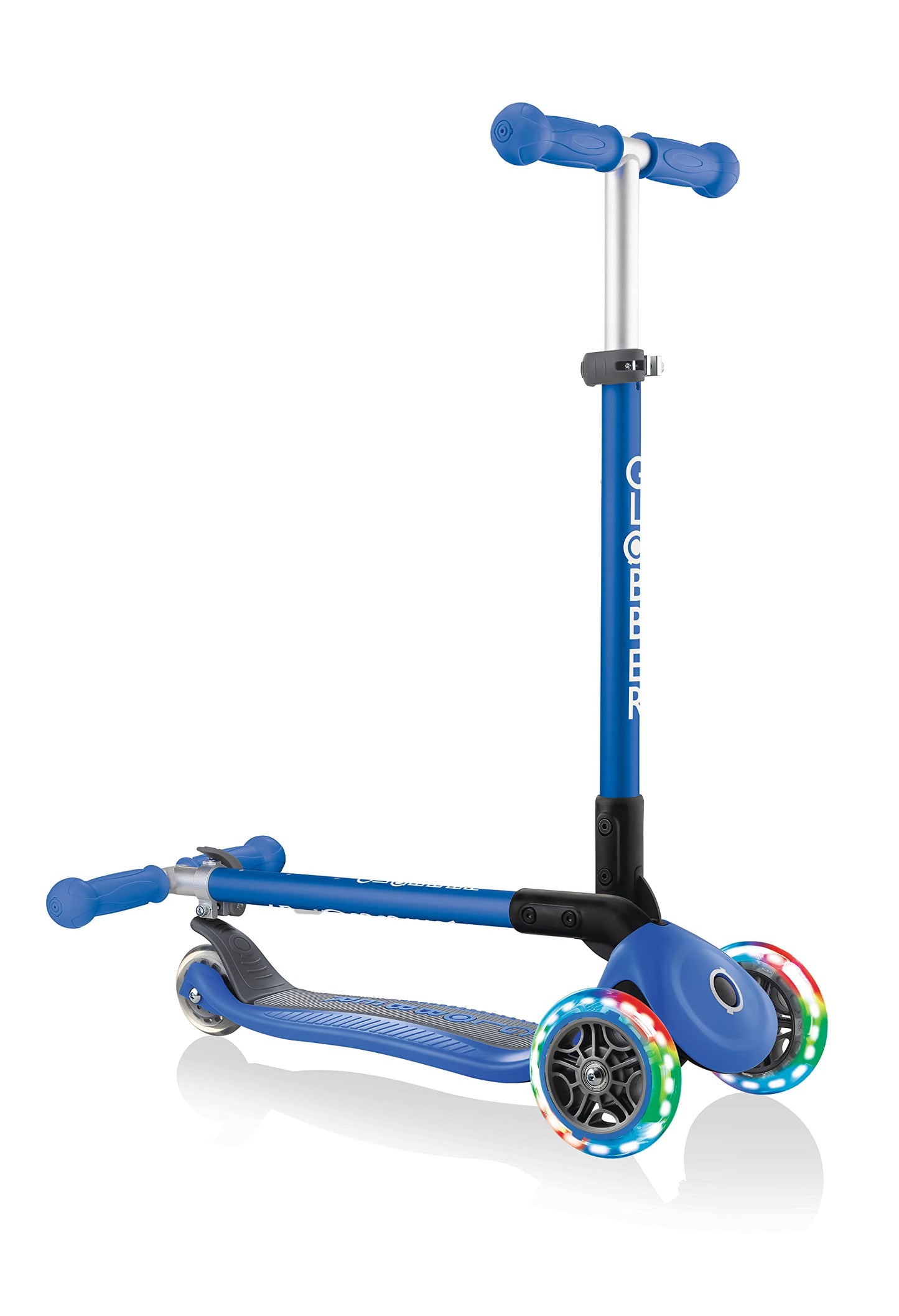 Globber Primo Foldable Lights Kids Scooter 120/80mm ABEC 5 3 Wheel Height Adjustable LED Wheels Dark Blue