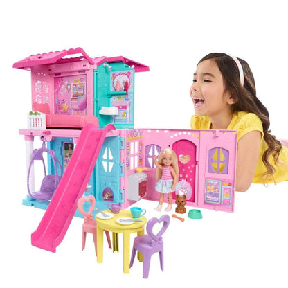 Barbie Chelsea Toy Dollhouse with 15+ Accessories, Pop-Up House Expands to 17+ x 13+ inches with 5 Play Areas & Slide, Includes Small Doll & Pet Dog, JFW49