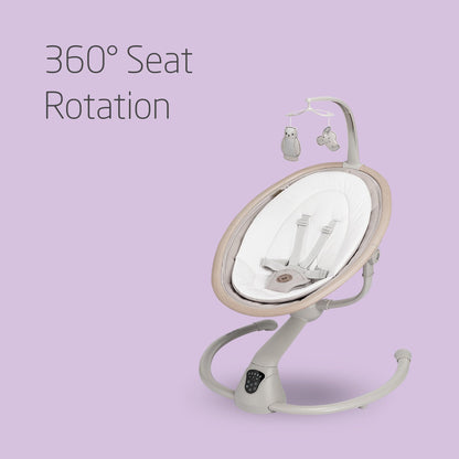 Maxi-Cosi Cassia electric baby swing chair in classic beige with 360° seat rotation, 12 melodies, and adjustable recline for infants.