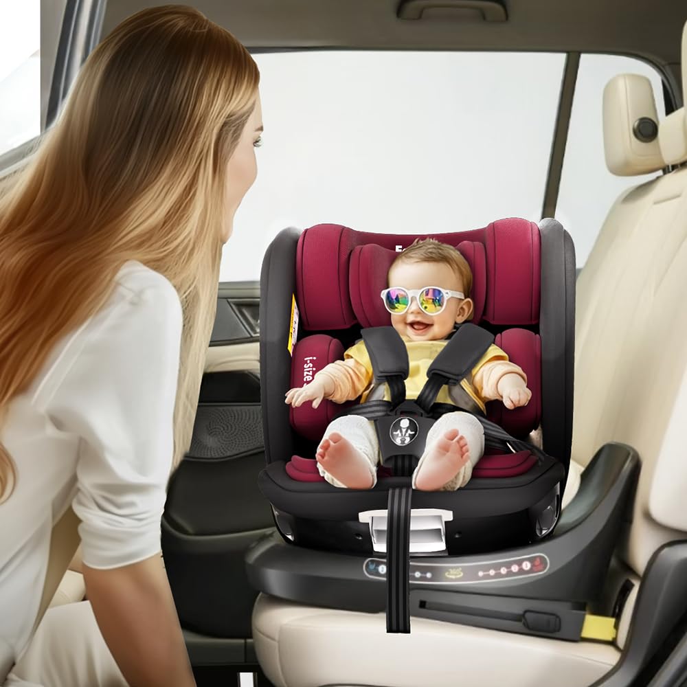 Feakaou 360 Car Seat with ISOFIX - Newborn to 12 Years Children, i-Size (ECE R129/E4) Rotating Swivel Baby Car Seat,Group 0+1/2/3 (40-150cm),Rear Facing for Longer from Birth to 4 Years. Red Black