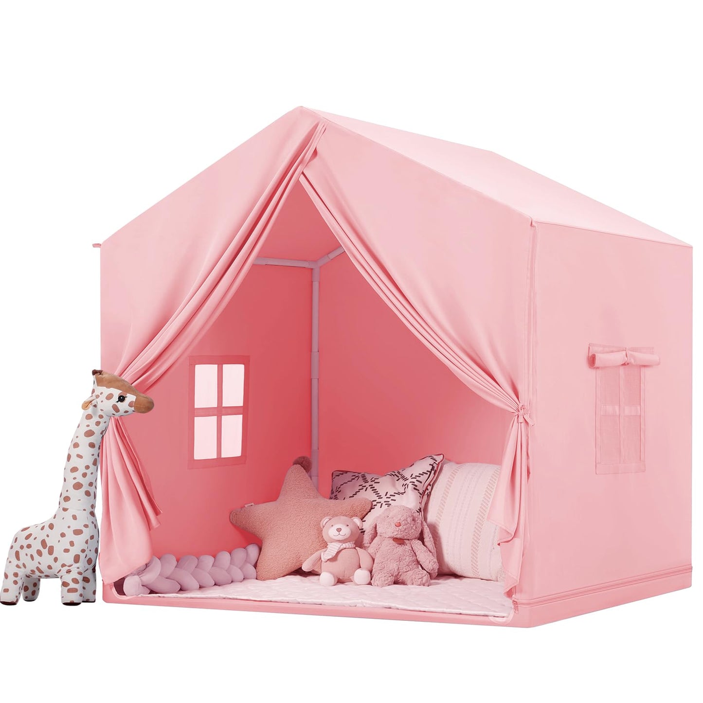 Pink Wilwolfer kids play tent with window, indoor and outdoor toddler playhouse, perfect for children’s playroom or backyard fun.