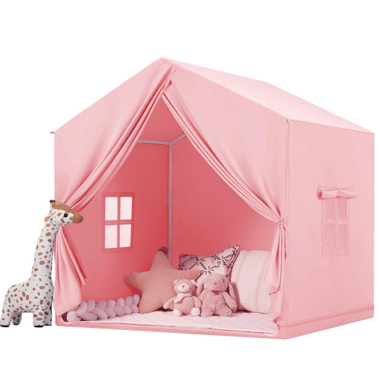 Pink Wilwolfer kids play tent with window, indoor and outdoor toddler playhouse, perfect for children’s playroom or backyard fun.