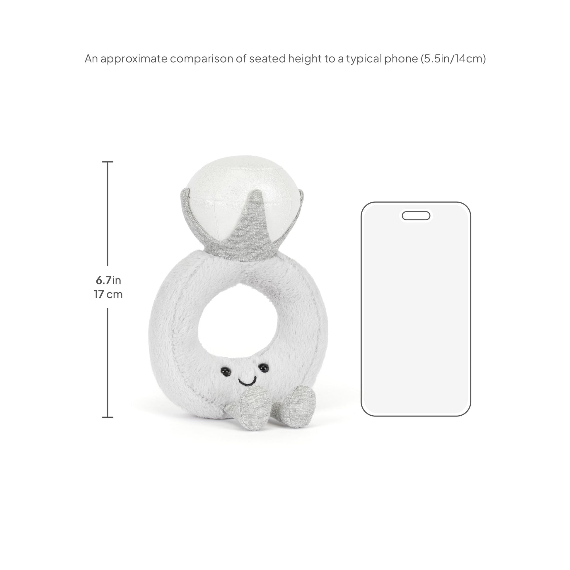 Jellycat Amuseable Diamond Ring plush toy, 20 cm high, 12 cm long, featuring a smiling face and colorful design.