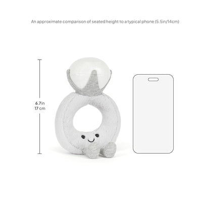 Jellycat Amuseable Diamond Ring plush toy, 20 cm high, 12 cm long, featuring a smiling face and colorful design.