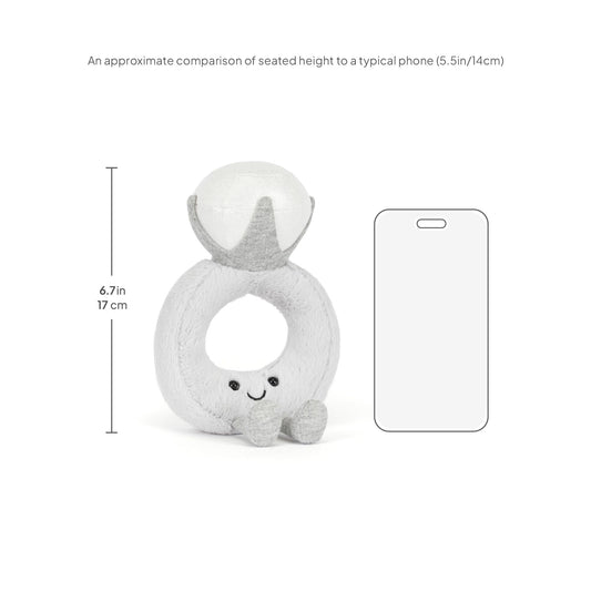 Jellycat Amuseable Diamond Ring plush toy, 20 cm high, 12 cm long, featuring a smiling face and colorful design.