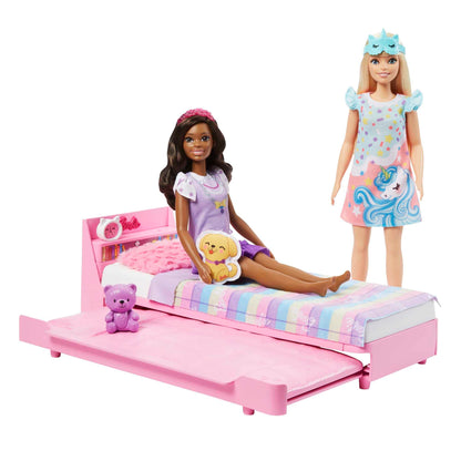 Barbie Bedtime Playset with trundle bed and plush puppy, designed for preschoolers aged 3 and up.