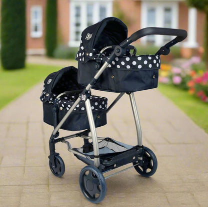 Dolly Tots Twin Pushchair | Navy Polka Dot Double Pushchair | Double Dolls Pram with Adjustable Height Handle And Multiple Seat Options | Foldable Childrens Dolls Pram | Suitable For Ages 3+