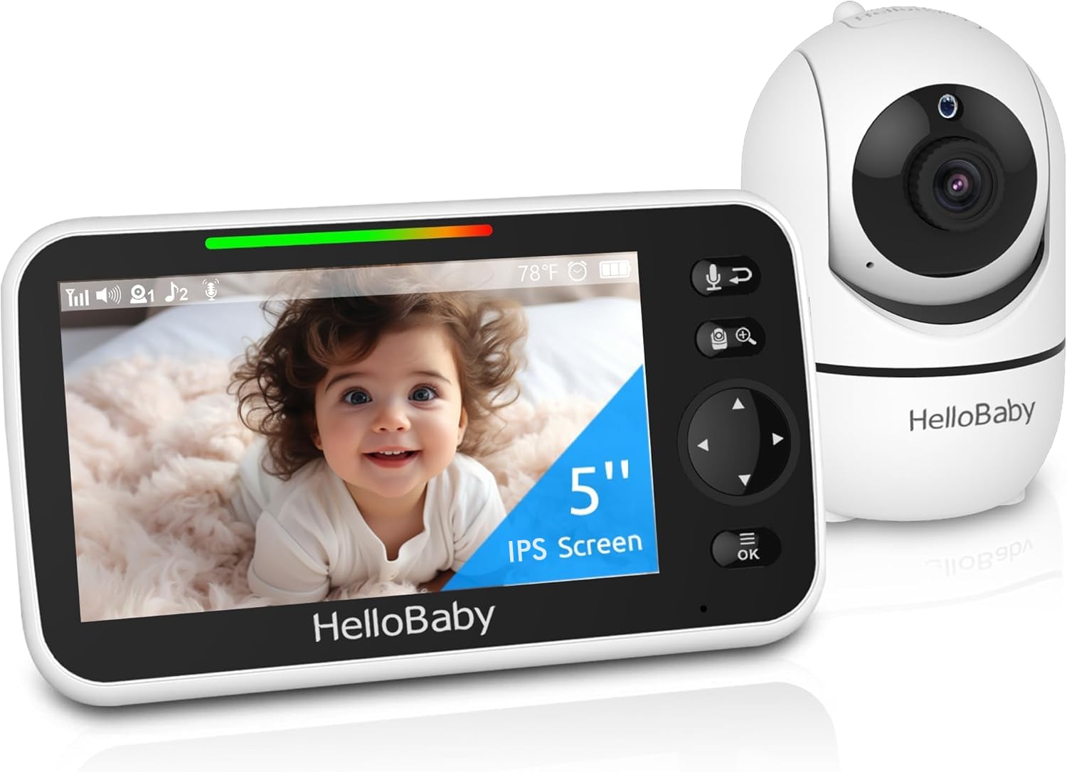 HelloBaby HB6550 baby monitor with camera, night vision, 5-inch display, 2-way talk, temperature sensor, and pan-tilt-zoom features