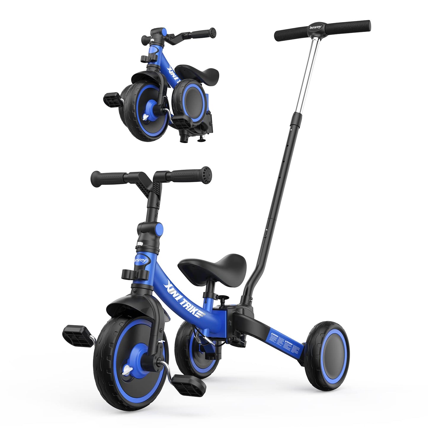 besrey 5-in-1 toddler tricycle in blue with adjustable height, removable pedals, and parent steering push handle.
