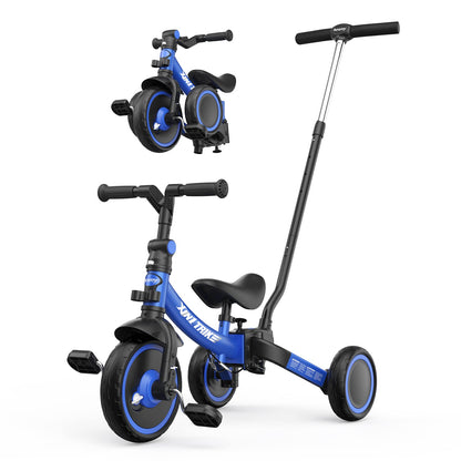 besrey 5-in-1 toddler tricycle in blue with adjustable height, removable pedals, and parent steering push handle.