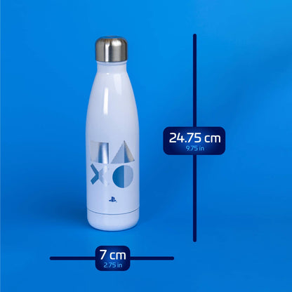 Paladone stainless steel 500ml water bottle featuring PlayStation 5 branding, with a sleek metallic finish and ergonomic design.
