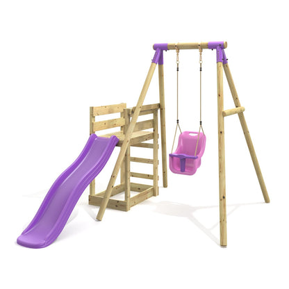 Rebo® Wooden Swing Set Plus Deck and Slide - Pluto Purple | OutdoorToys | Kids' Outdoor Wooden Play Equipment for Gardens, Frame and Accessories Included, Weather Resistant