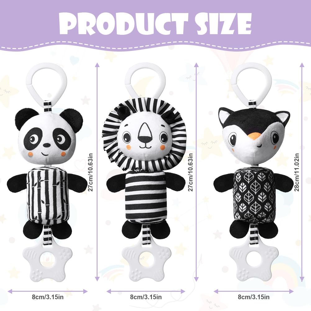 Aolso baby pram pushchair toys set with black and white hanging panda, lion, and fox teether toys for newborns.