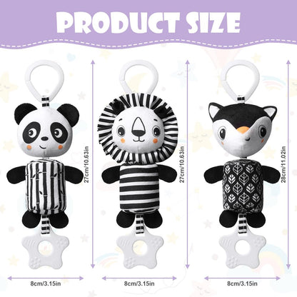 Aolso baby pram pushchair toys set with black and white hanging panda, lion, and fox teether toys for newborns.