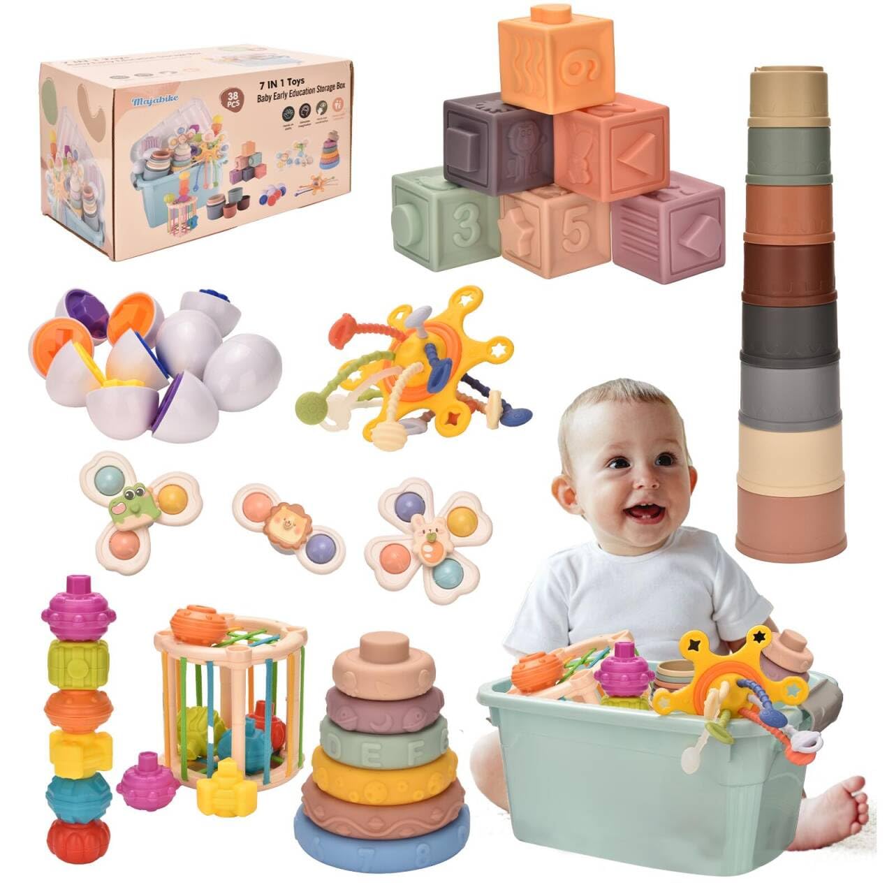 Majabike Baby Toys,7 in-1 Montessoriii Sensory Toys for Toddlers,Stacking Baby Blocks, Stacking Blocks Rings, Matching Eggs, Suction Cup Spinner,Stacking Cups, for Toddler Gift