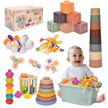 Majabike Baby Toys,7 in-1 Montessoriii Sensory Toys for Toddlers,Stacking Baby Blocks, Stacking Blocks Rings, Matching Eggs, Suction Cup Spinner,Stacking Cups, for Toddler Gift