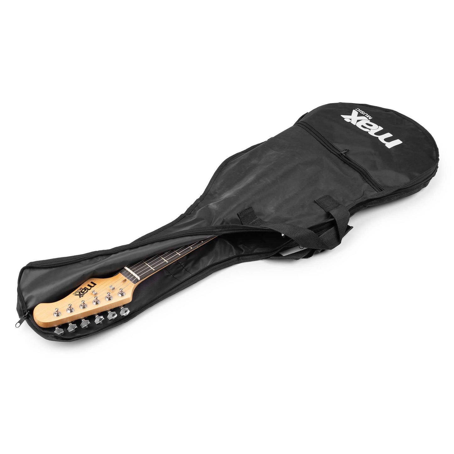 Max GigKit Junior 3/4 size sunburst electric guitar starter pack with 20W amplifier, case, tuner, picks, strap, and spare strings for kids.