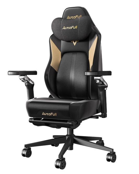 AutoFull M6 Ultra gaming chair in black with massage function, dynamic lumbar support, 6D armrests, 3D neck pillow, ergonomic design