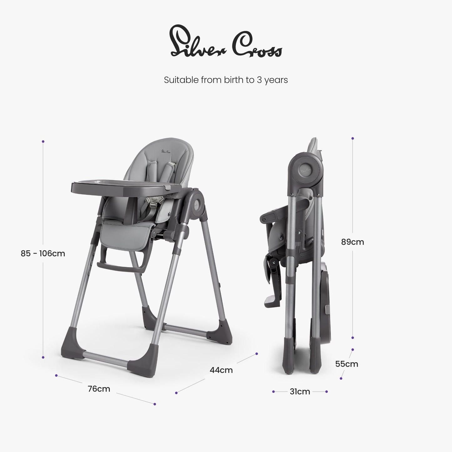 Silver Cross - Buffet Highchair - Baby Chair - Portable High Chair - Newborns to 3 years - Cool Grey