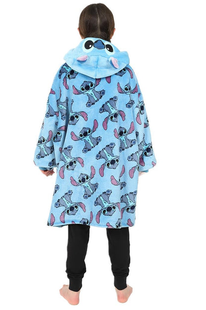 Disney Lilo and Stitch girls' blue oversized fleece hoodie blanket with hood, featuring character graphics and cozy soft fabric.