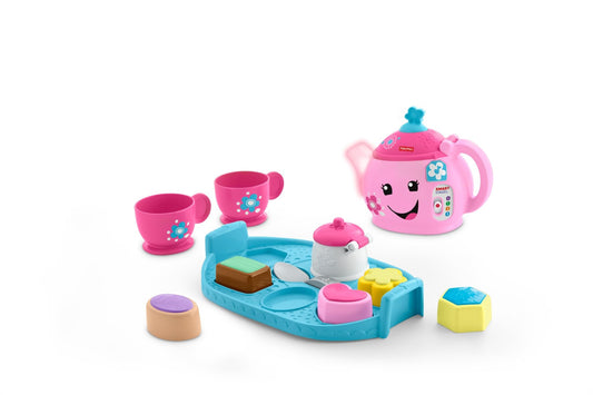 Fisher-Price Laugh & Learn Sweet Manners Tea Set for toddlers, featuring colorful cups, teapot, and utensils with lights and sounds