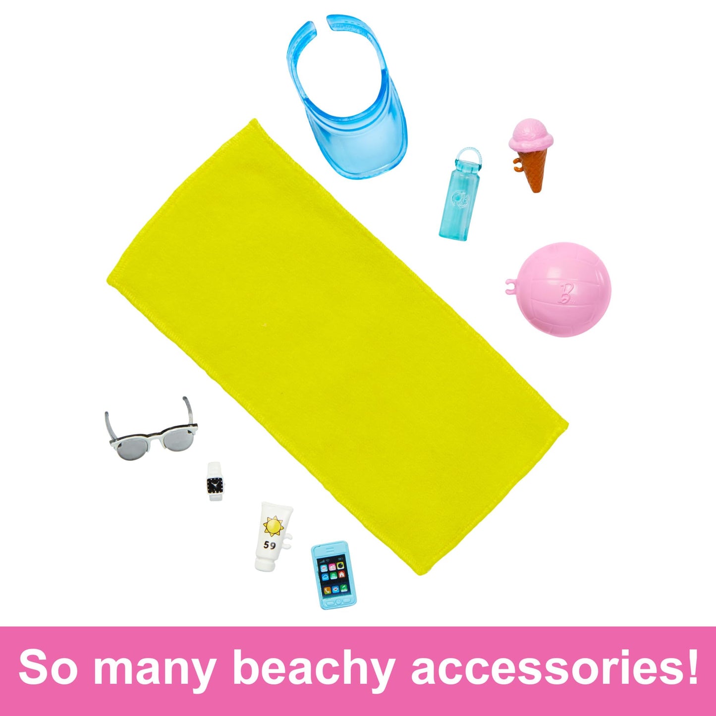 Blonde Ken doll in blue button-down shirt and swim trunks, with beach accessories like a visor and towel.