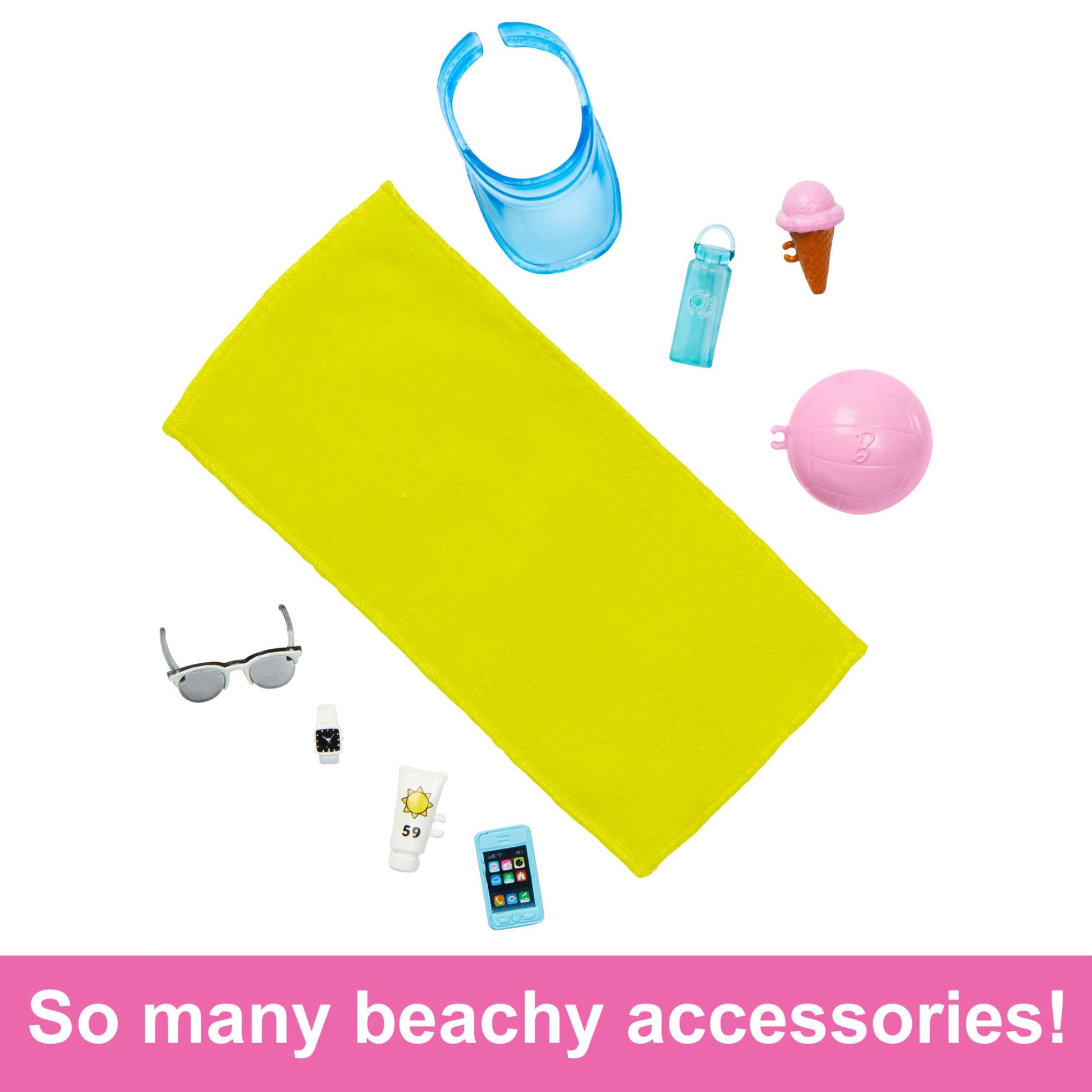 Blonde Ken doll in blue button-down shirt and swim trunks, with beach accessories like a visor and towel.