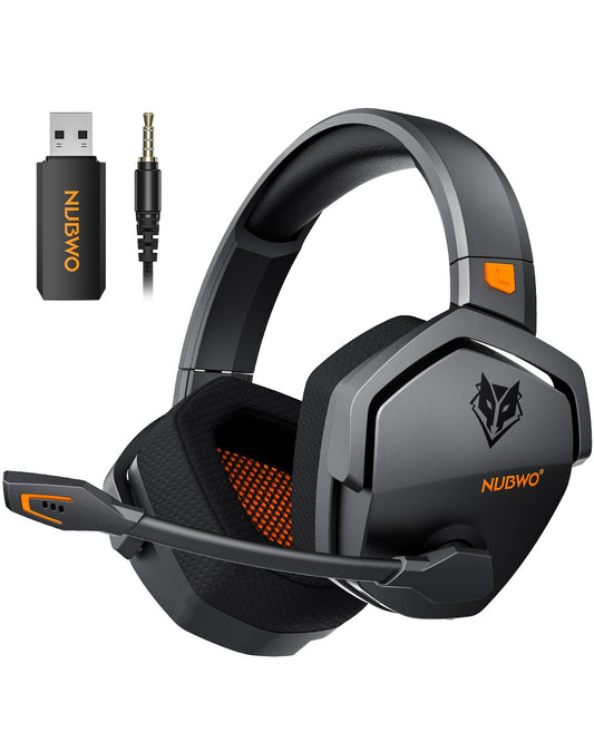 NUBWO wireless gaming headset with mic in orange, compatible with PS5, PS4, PC, featuring long battery life and all-device triple mode.