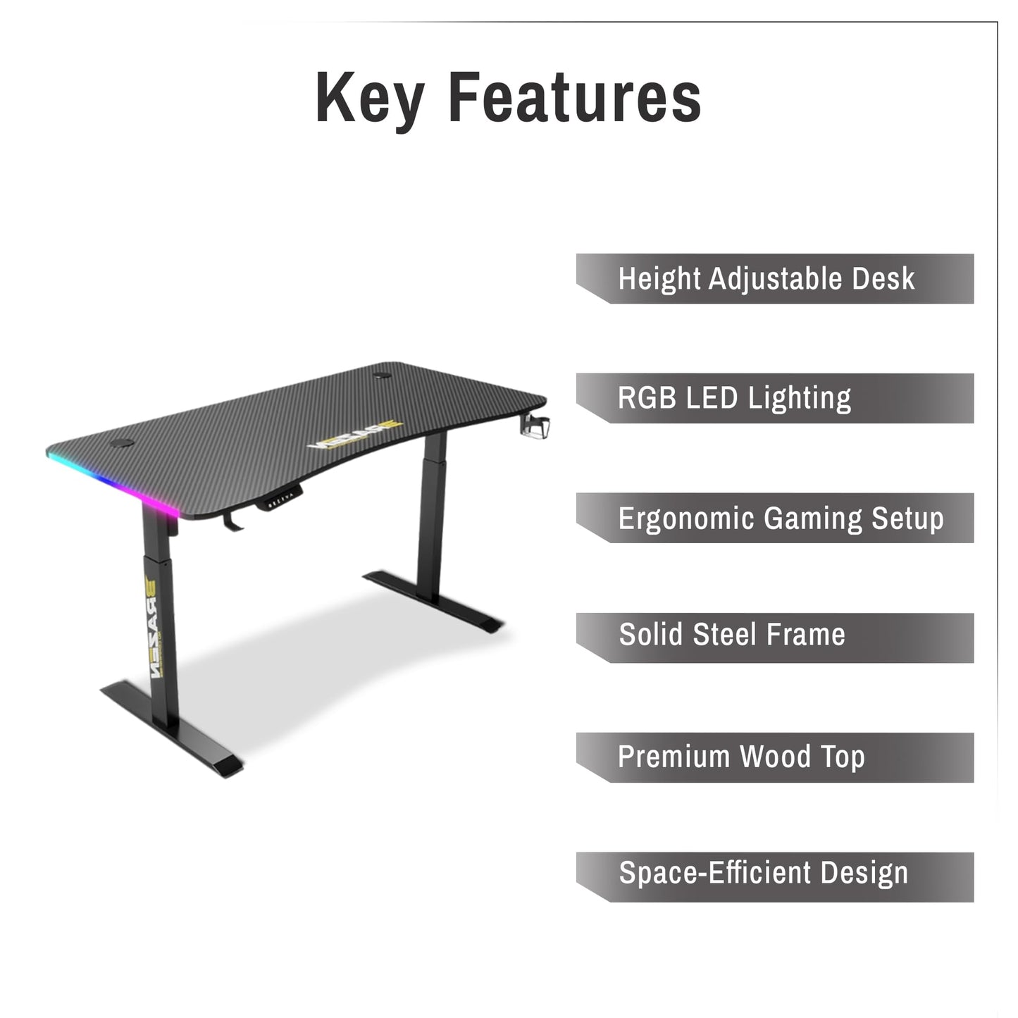 Black BraZen Esports Pro RGB height adjustable gaming desk with LED lights, designed for gamers, featuring a spacious work surface.