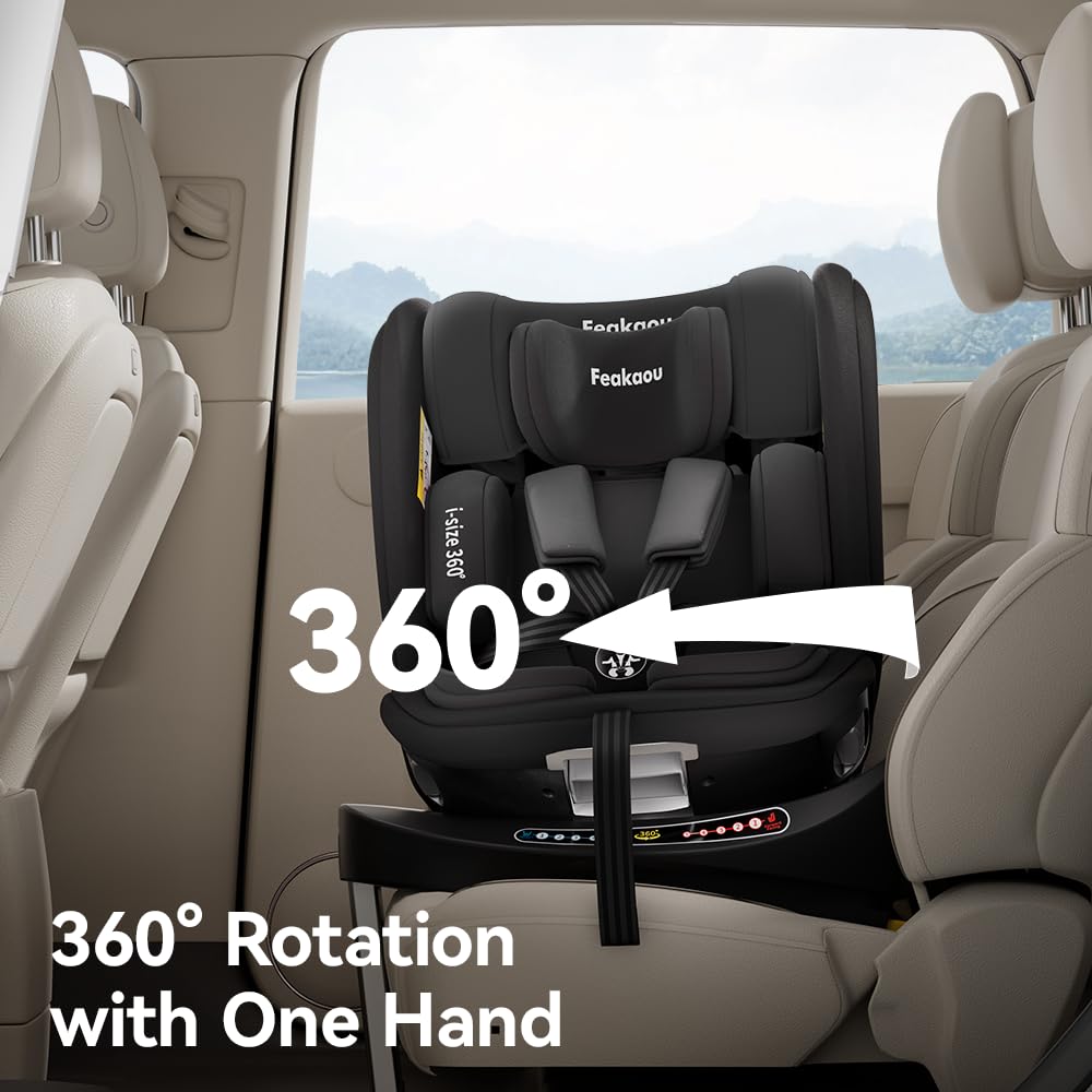 Feakaou 360 Car Seat with ISOFIX - for Newborn to 12 Years Children, i-Size (ECE R129/E4) Rotating Swivel Baby Car Seat,Group 0+1/2/3 (40-150cm),Rear Facing for Longer from Birth to 4 Years.Black.