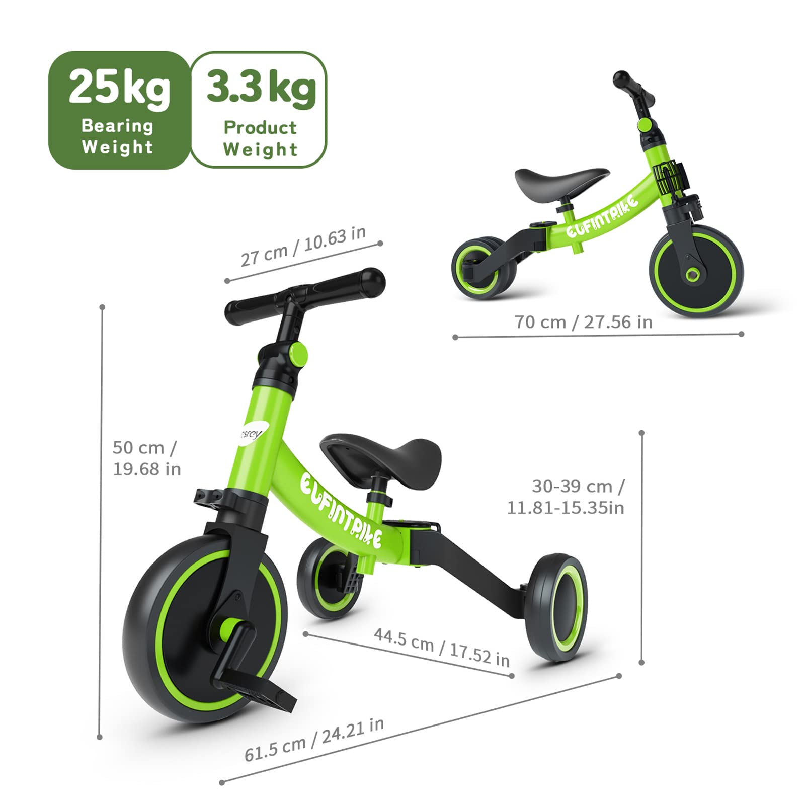 Green besrey 5-in-1 toddler bike with removable pedals, tricycle for kids ages 10 months to 4 years, ideal for balance training.