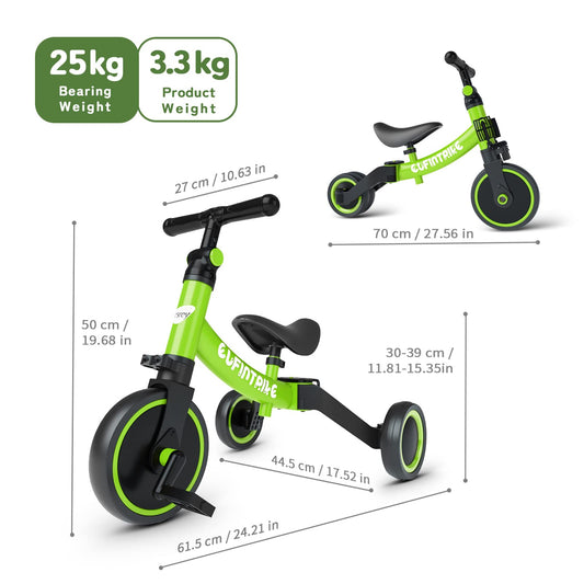 Green besrey 5-in-1 toddler bike with removable pedals, tricycle for kids ages 10 months to 4 years, ideal for balance training.