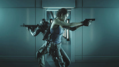 Resident Evil 3 PlayStation 5 game case featuring artwork from Capcom, with the iconic horror-themed cover art and PS5 branding.