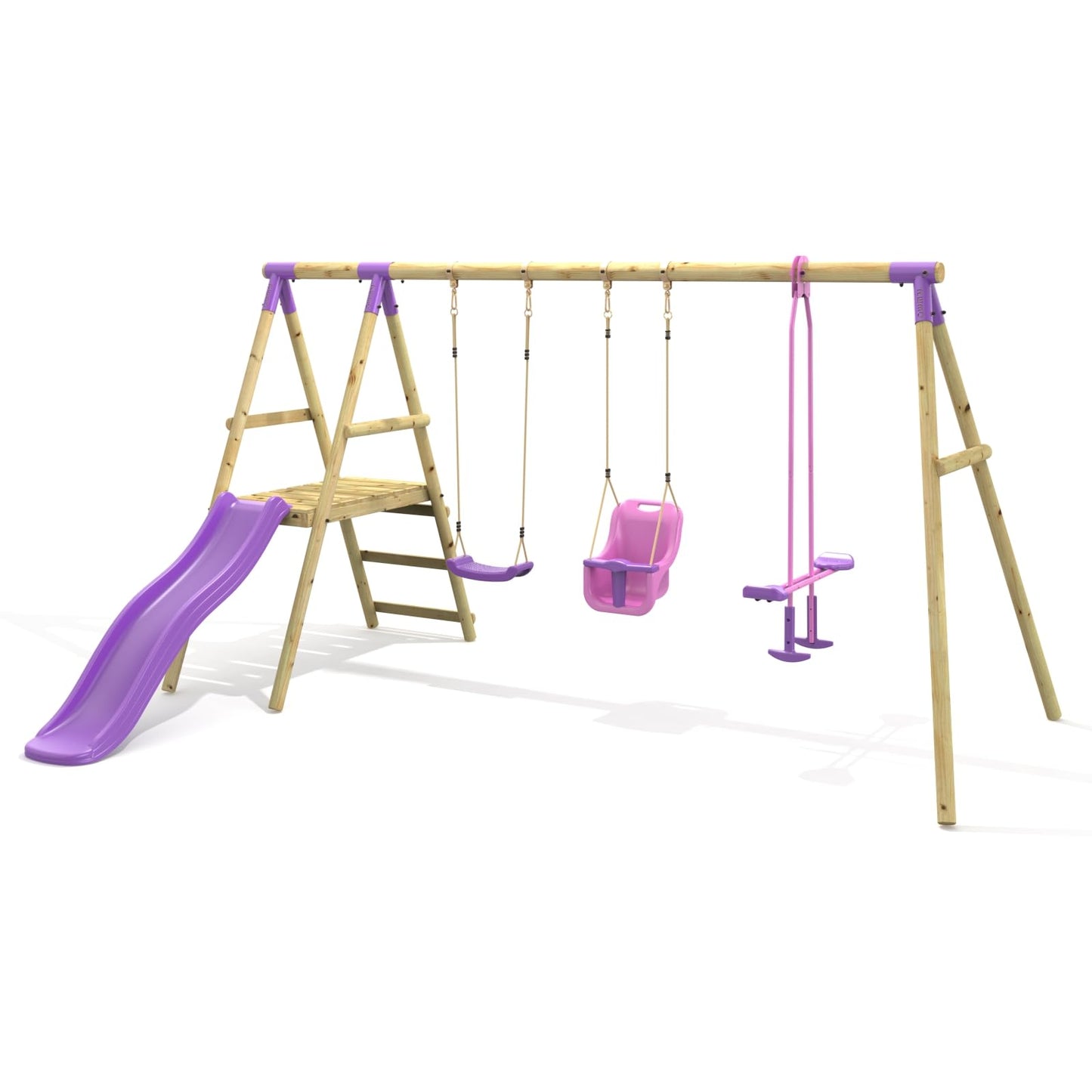 Rebo® Wooden Swing Set with Platform and Slide - Voyager Purple | OutdoorToys | Baby Seat, Glider and Regular Seat | Kids' Outdoor Wooden Play Equipment for Gardens, Weather Resistant