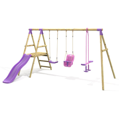 Rebo® Wooden Swing Set with Platform and Slide - Voyager Purple | OutdoorToys | Baby Seat, Glider and Regular Seat | Kids' Outdoor Wooden Play Equipment for Gardens, Weather Resistant