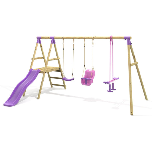 Rebo® Wooden Swing Set with Platform and Slide - Voyager Purple | OutdoorToys | Baby Seat, Glider and Regular Seat | Kids' Outdoor Wooden Play Equipment for Gardens, Weather Resistant
