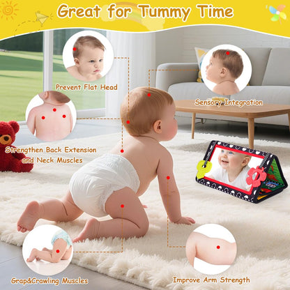 Vicloon Tummy Time Mirror Toys for Babies, Flip Mirror Foldable Baby Toys, Double-Sided Baby Mirrors with High Contrast Patterns, Black and White Babys Sensory Toys for Newborn 0-12 Months