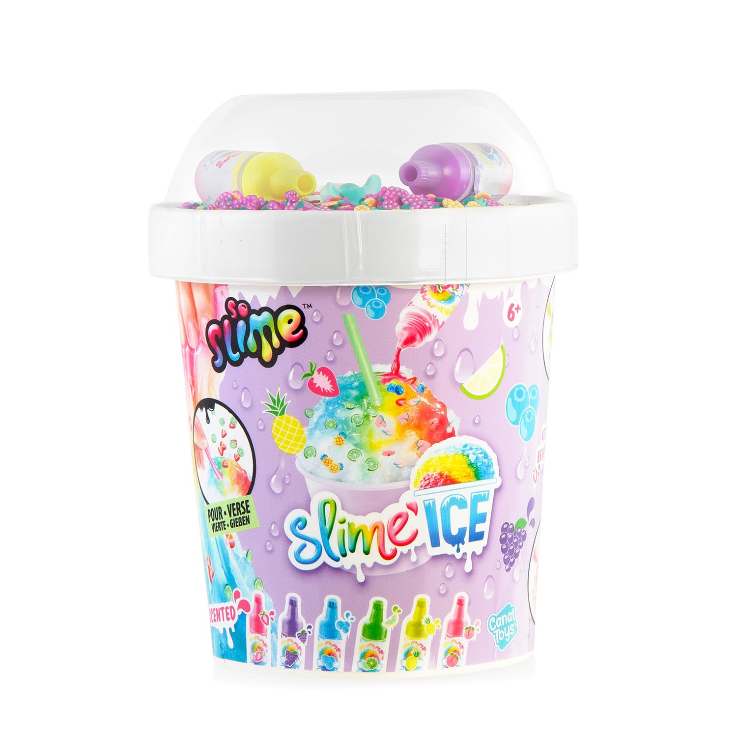 Canal Toys So Slim DIY Slime Ice Mega Cup with fragrance dyes, spoon, and decorations for creative slime making.