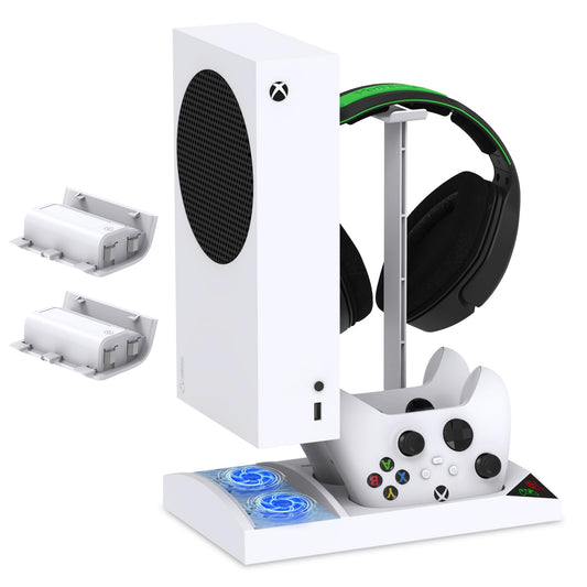 FYOUNG white vertical charging cooling stand for Xbox Series S with rechargeable batteries, cooling fan, and headset holder.