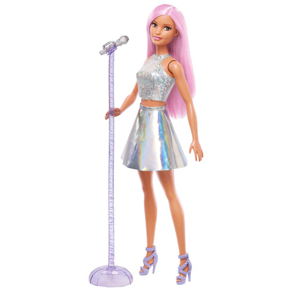 Barbie Pop Star doll with pink hair, iridescent skirt, and microphone, perfect for imaginative play for kids ages 3 to 7.