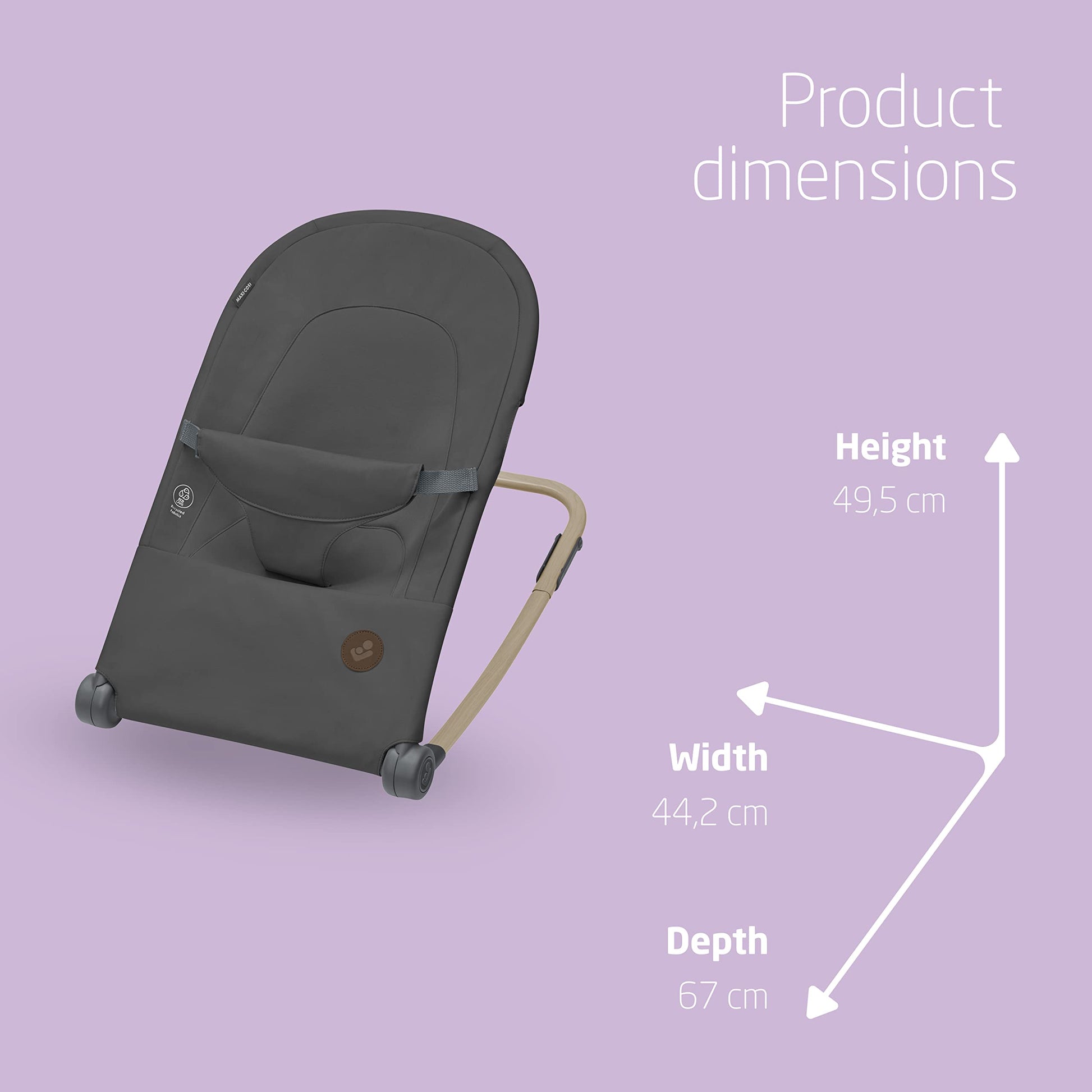 Maxi-Cosi Loa Baby Rocker in Beyond Graphite with compact fold, two reclines, lightweight design, and recycled fabric for infants 0-2 years.