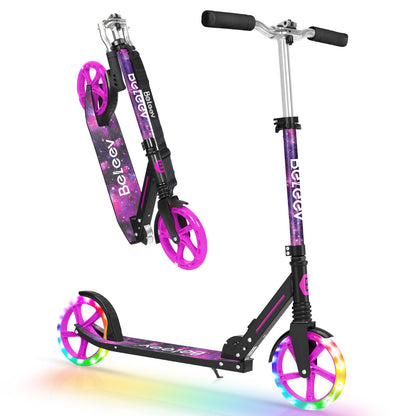 BELEEV Scooter for Kids Ages 6+, 200mm Big Wheel adult Scooters for Boys and Girls, 4 Adjustable Handlebar, Front Suspension, 2 Wheels Scooter with Carry Strap, up to 100Kg(Galaxy Purple)