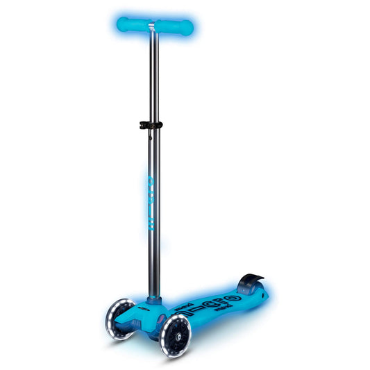 Micro Scooters | Maxi Micro Deluxe LED Children's Scooter | Handlebar Adjustable | Light Up Wheels | Glow In The Dark | Boys & Girls | 5-12yrs | Crystal Blue