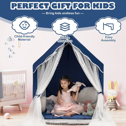 Blue COSTWAY kids play tent with windows and washable mat, indoor outdoor playhouse for children, boys and girls.