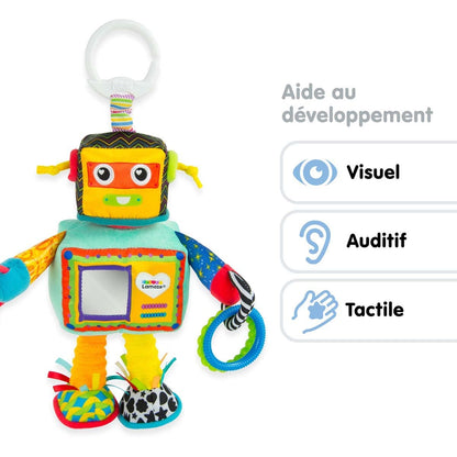 LAMAZE Rusty the Robot clip-on baby sensory toy attached to a pram, designed for newborns from 0 to 6 months.