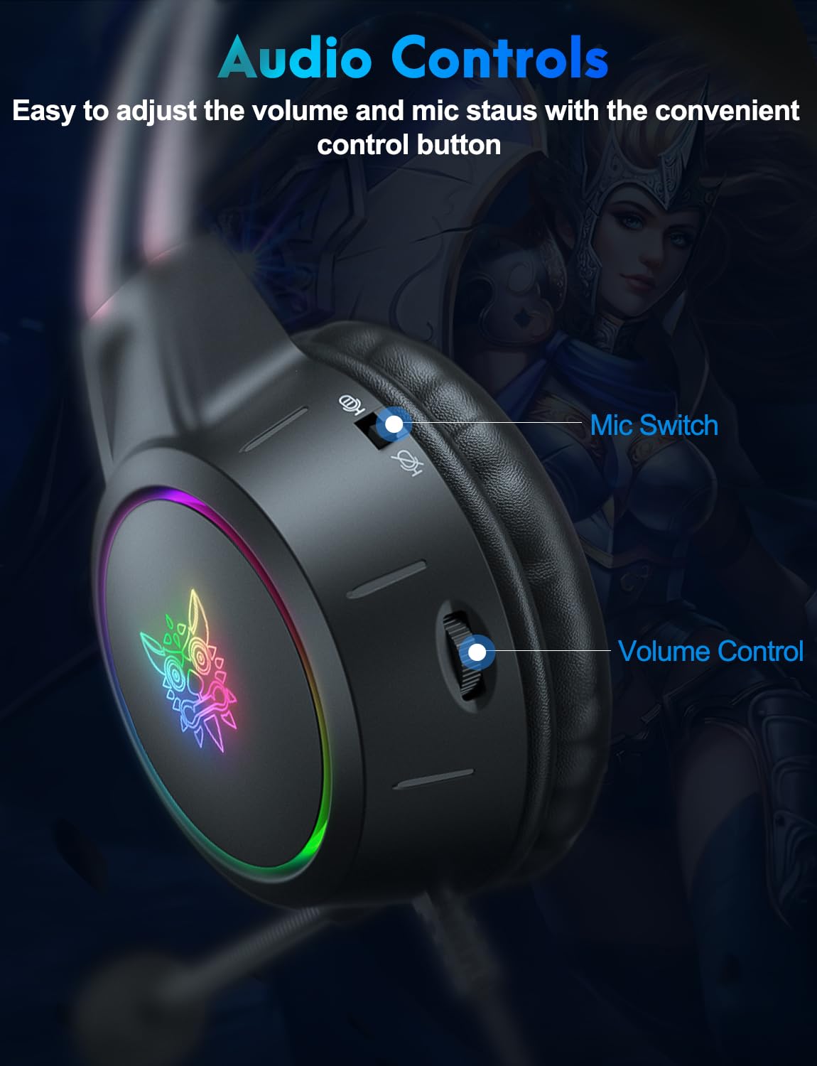 ONITOON lightweight gaming headset with removable cat ears, gradient RGB lighting, wired design, virtual surround sound, and noise-canceling mic