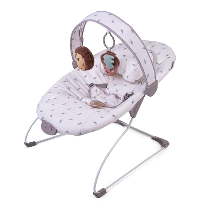 Red Kite Cozy Bounce musical baby bouncer in Woodland Walks print with soft fabric and a built-in toy bar for infants.