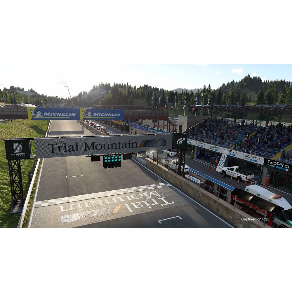Sony Gran Turismo 7 PS5 game disc with cover art showcasing racing cars and vibrant graphics on the game case.